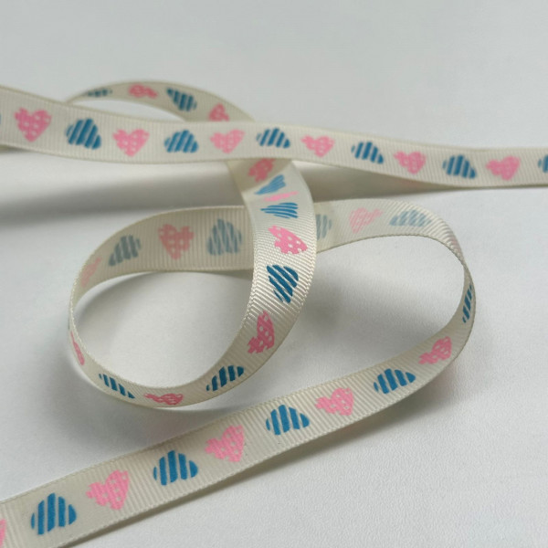 Fita Gorgurão - Corações Azul / Rosa - 1,5cm - 660 Fita Gorgurão - Corações Azul / Rosa - 1,5cm - 660