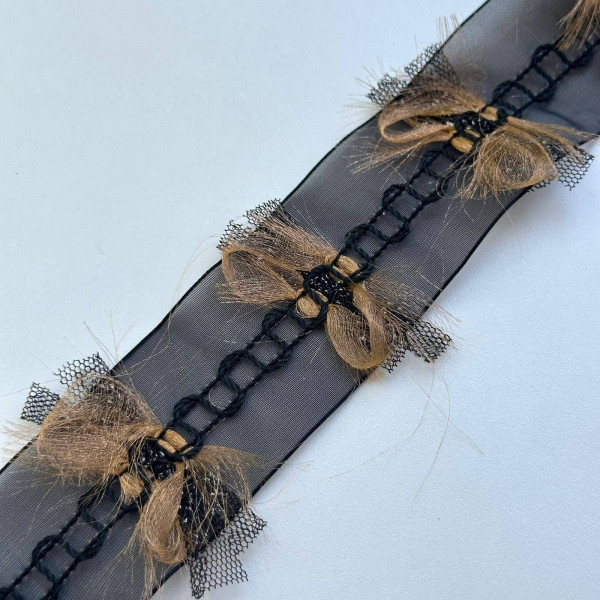 Fita de Organza Bordada - Preto / Cobre - 4cm - 454 Fita de Organza Bordada - Preto / Cobre - 4cm - 454