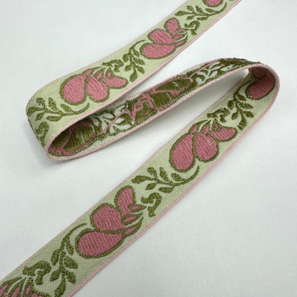 Fita Galão Boho - Bordada - Rosé / Tons de Verde - 2,4cm - 619