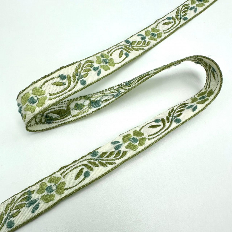 Fita Galão Boho - Bordada - Crú / Tons de Verde - 1,7cm - 615
