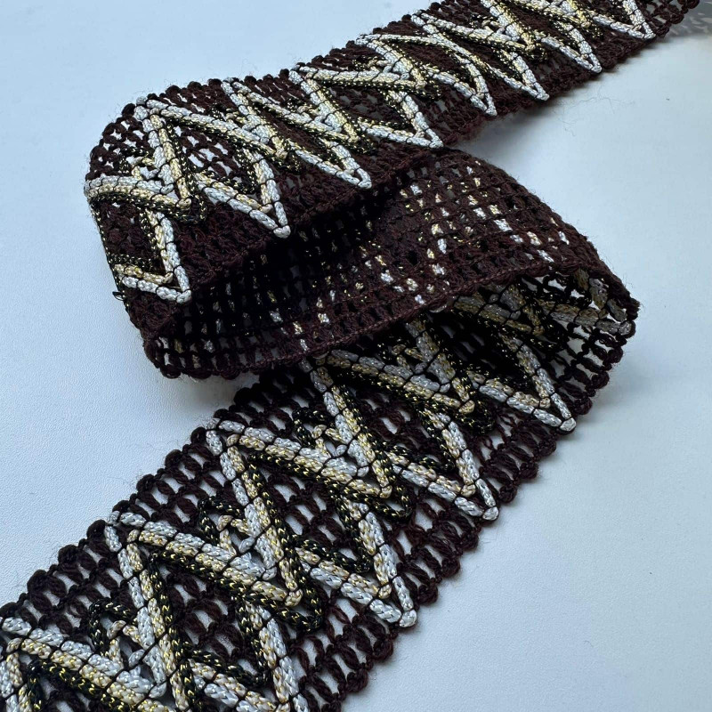 Entremeio de Lã Sintética Marrom Trançado com Cordão de Lurex - 7cm - 884