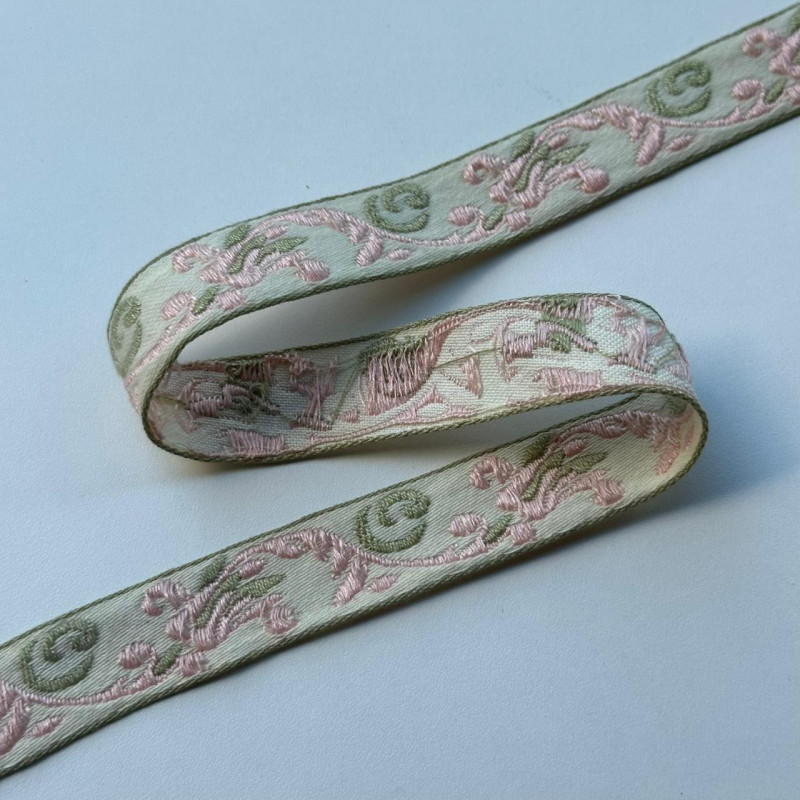 Fita Galão Boho - Bordada - Crú / Verde - 2,2cm - 613