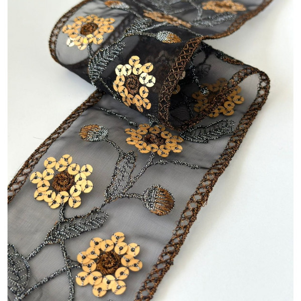 Faixa de Organza Bordada com Paetês - 7,4cm - 397