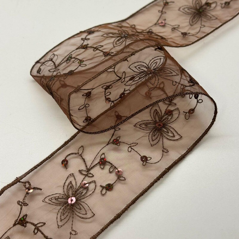 Faixa de Organza Bordada com Paetê - Marrom Faixa de Organza Bordada com Paetê - Marrom