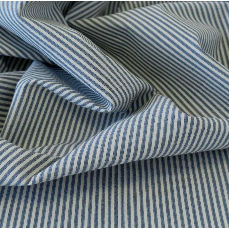 Tricoline Empapelado Listrado - Fio Tinto - Cru / Azul Jeans